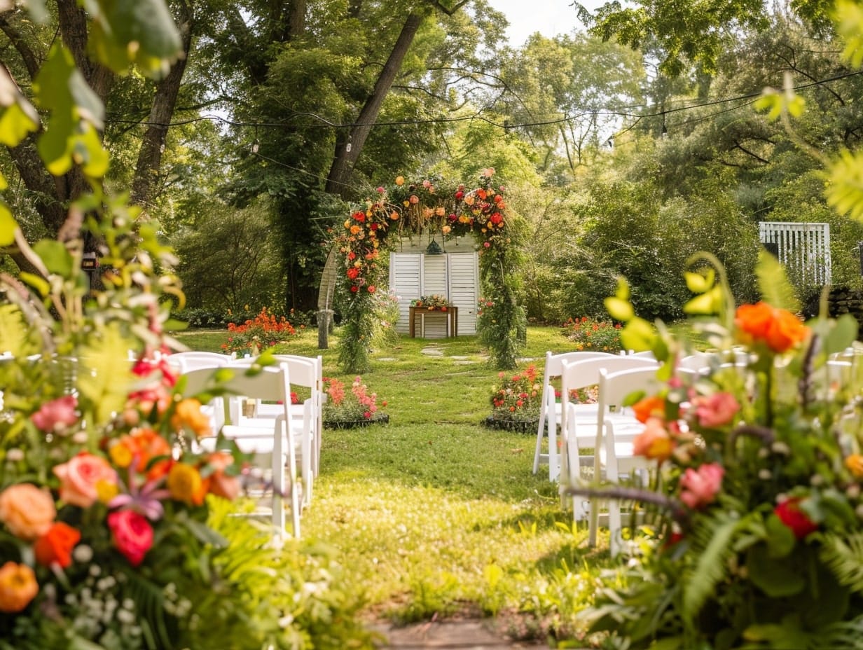 A summer garden wedding with bright floral arrangements and white furniture