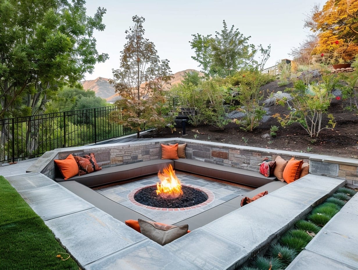 A garden fire pit with a sunken seating area and cushions
