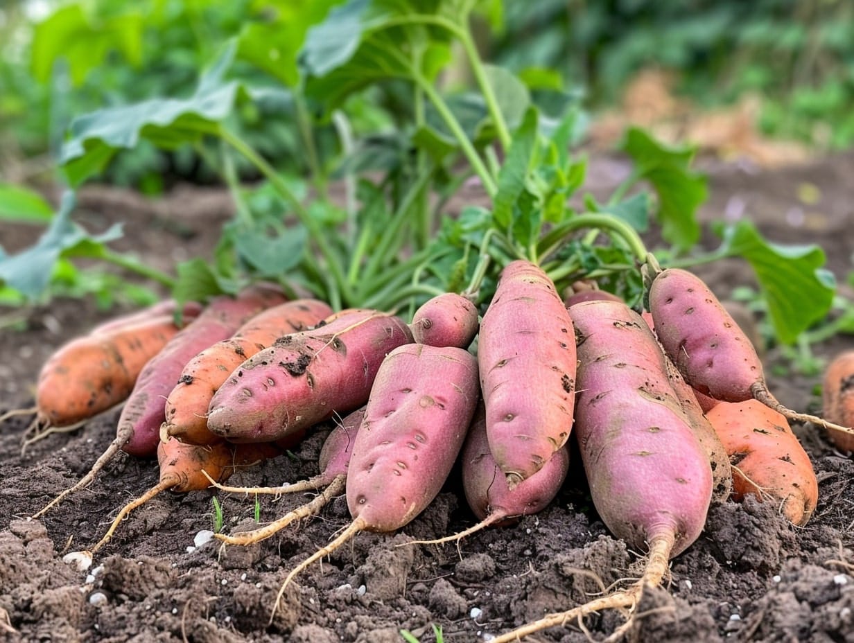 Sweet potatoes placed on a garden floor