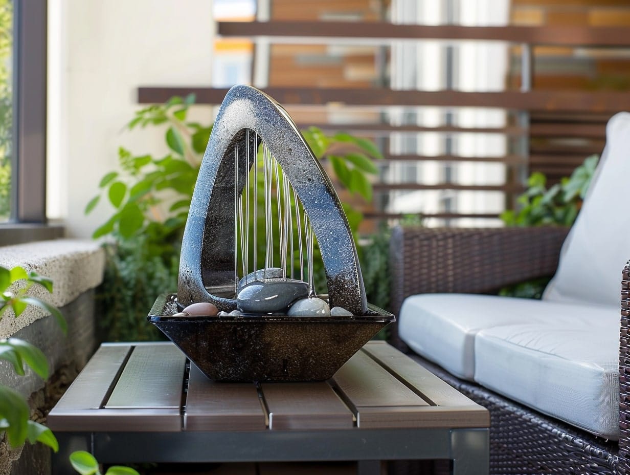 A tabletop fountain decorating a small balcony