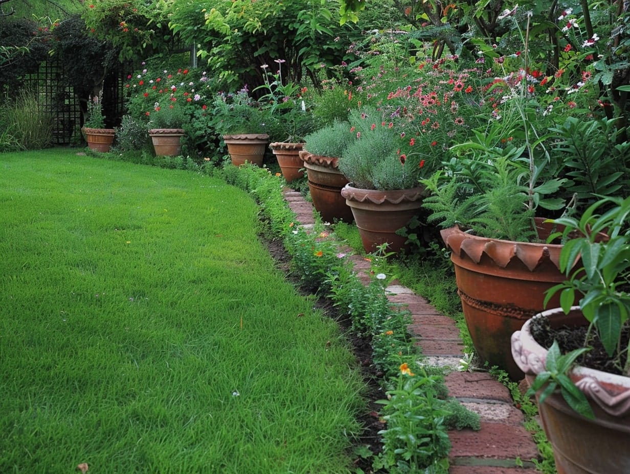 A garden border made from terracotta pots