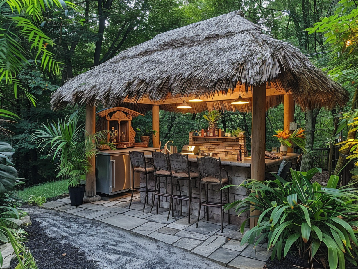 A garden patio bar covered with a thatched roof
