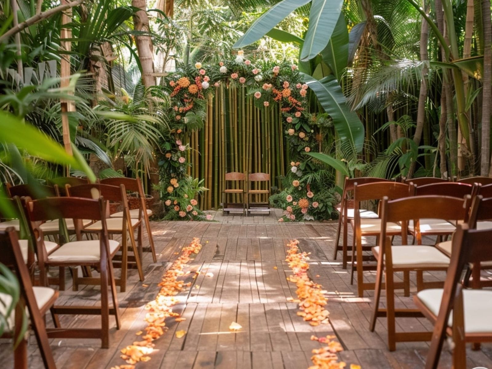 A tropical garden wedding setup with greenery and vibrant flowers