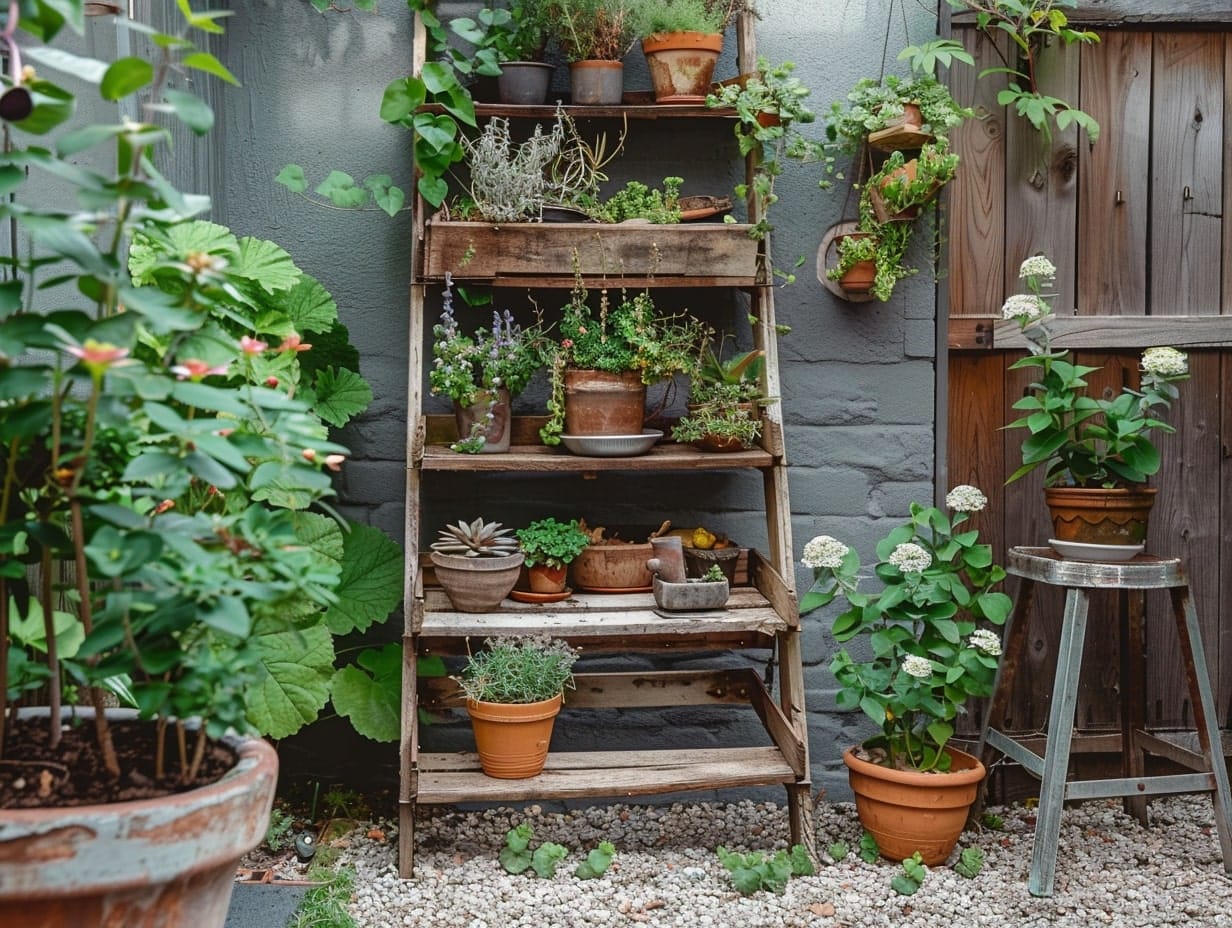 A garden created using an upcycled wooden ladder