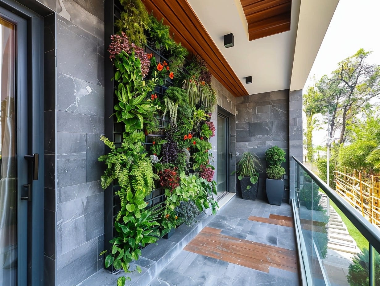 A vertical garden decorating a small balcony's wall