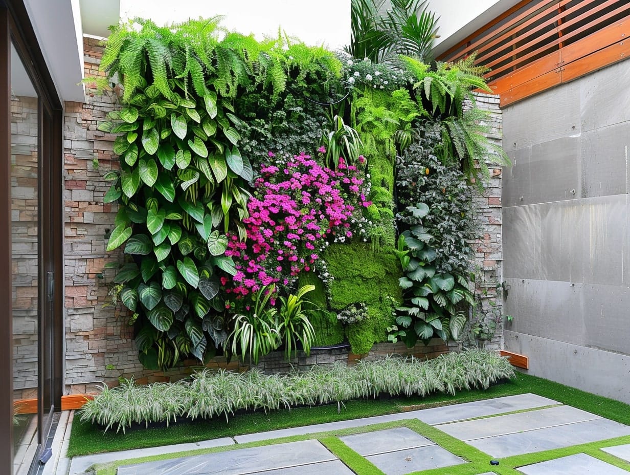 A vertical garden with plants and vibrant flowers