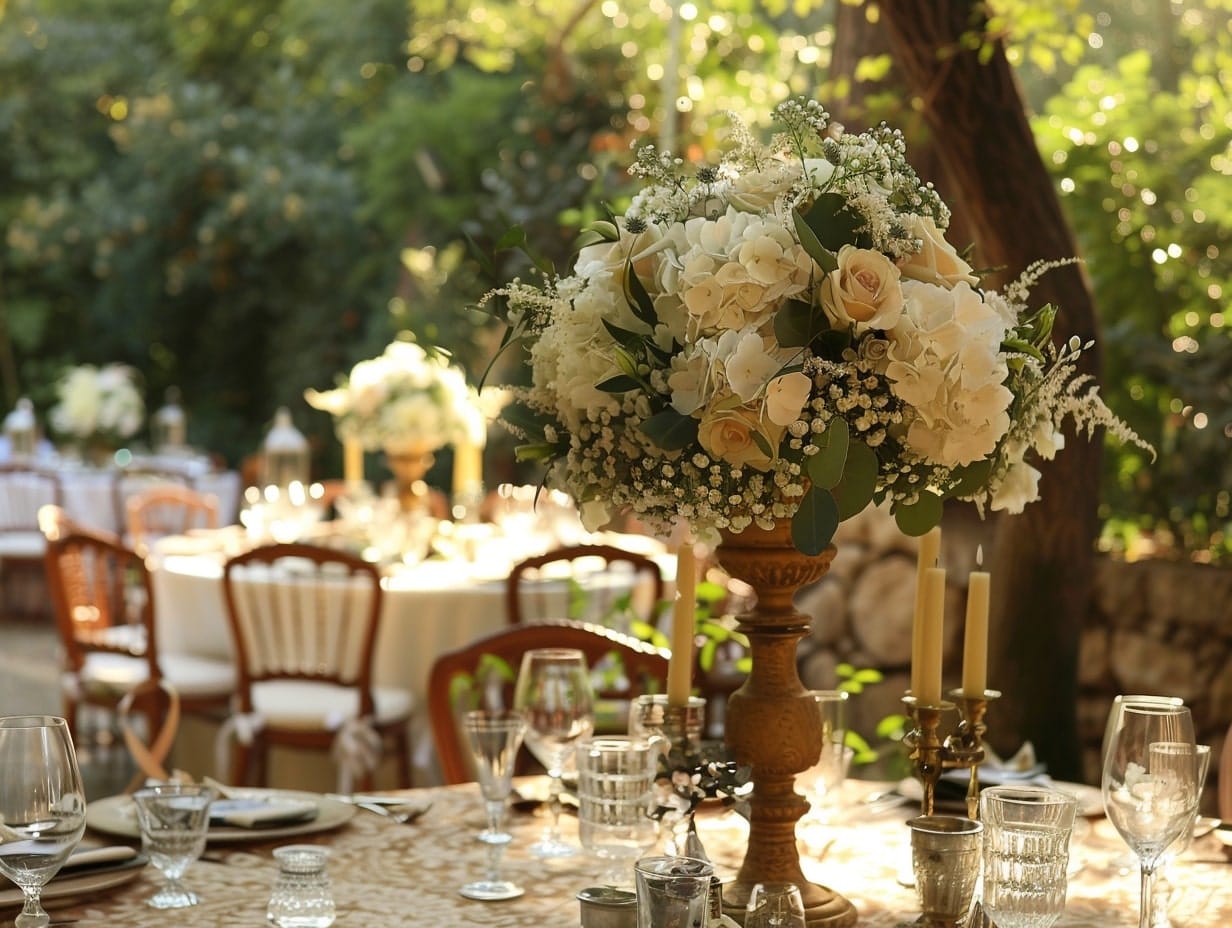 A Victorian-style wedding setup with classic flower arrangement
