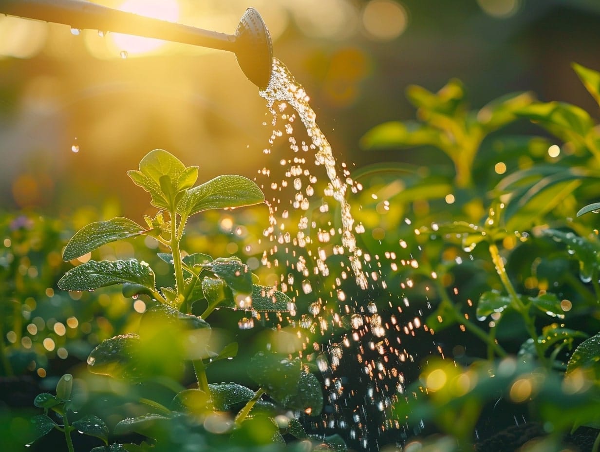 Someone water their plants in sunlight