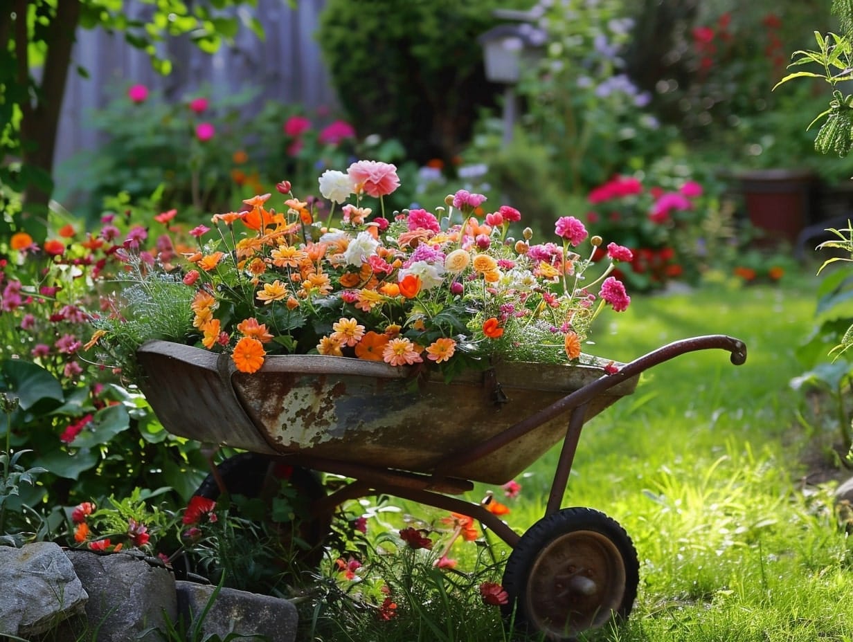 A small wheelbarrow garden with colorful flowers
