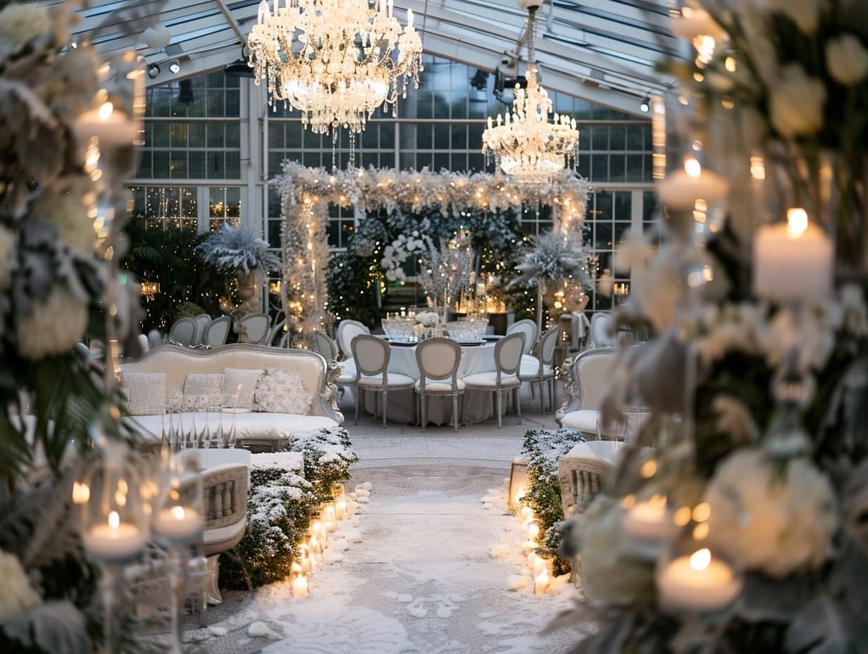 Winter garden wedding setup with crystal chandeliers and white and silver decor