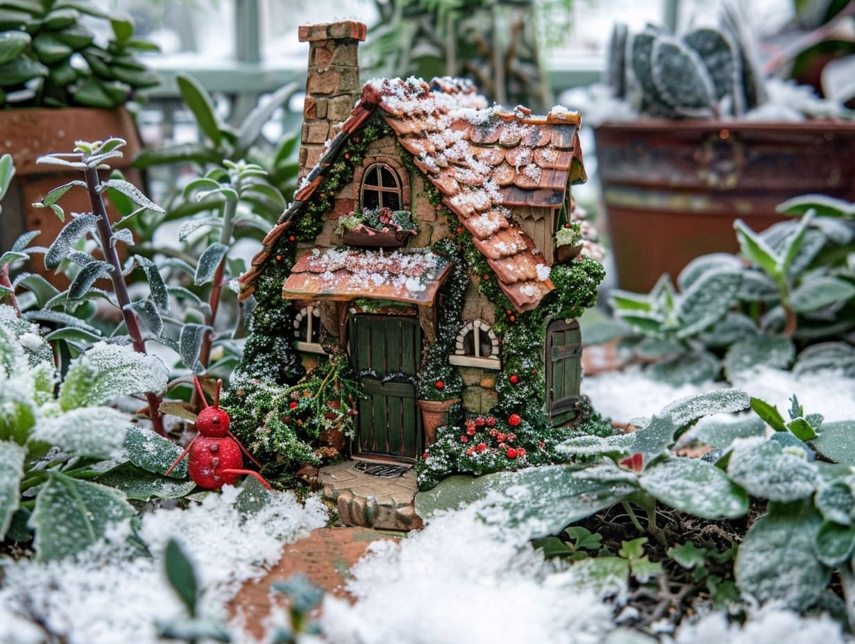 A tiny fairy house placed amid a winter setup