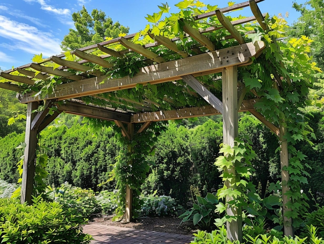 A wooden pergola with climbing vines 