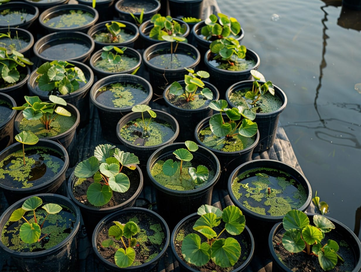 Multiple plant pots filled with water