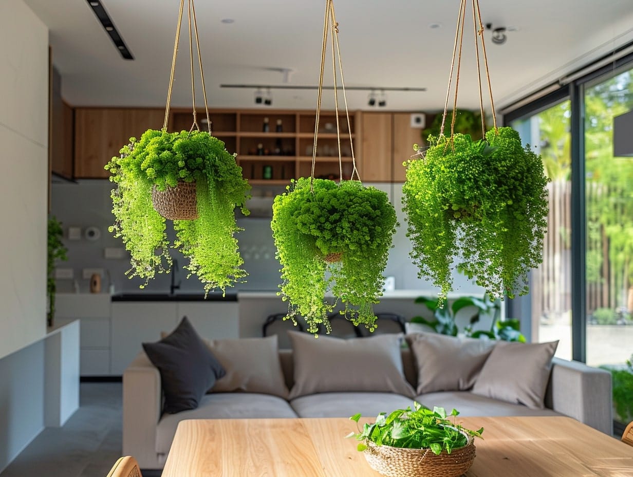 Japanese moss plants hanging from a ceiling