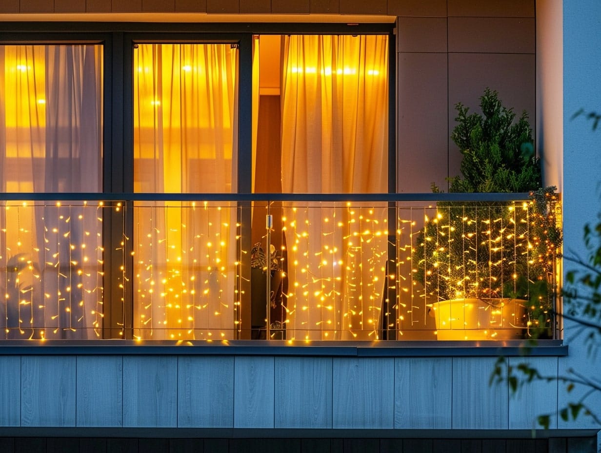 An apartment balcony decorated with string lights