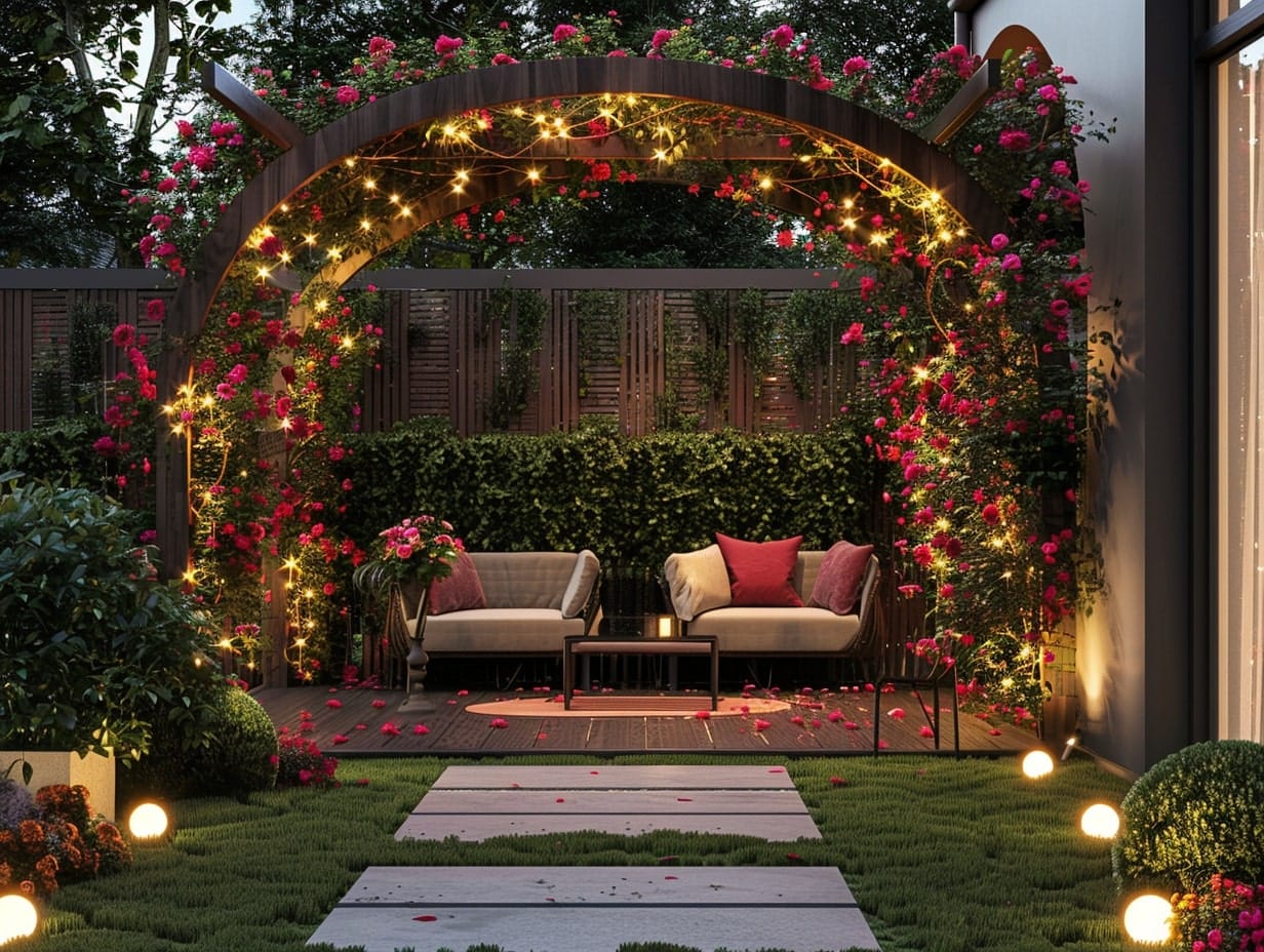 A garden with an illuminated archway that is decorated with roses