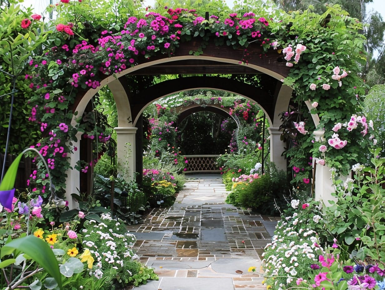 A garden archway covered with beautiful flowers