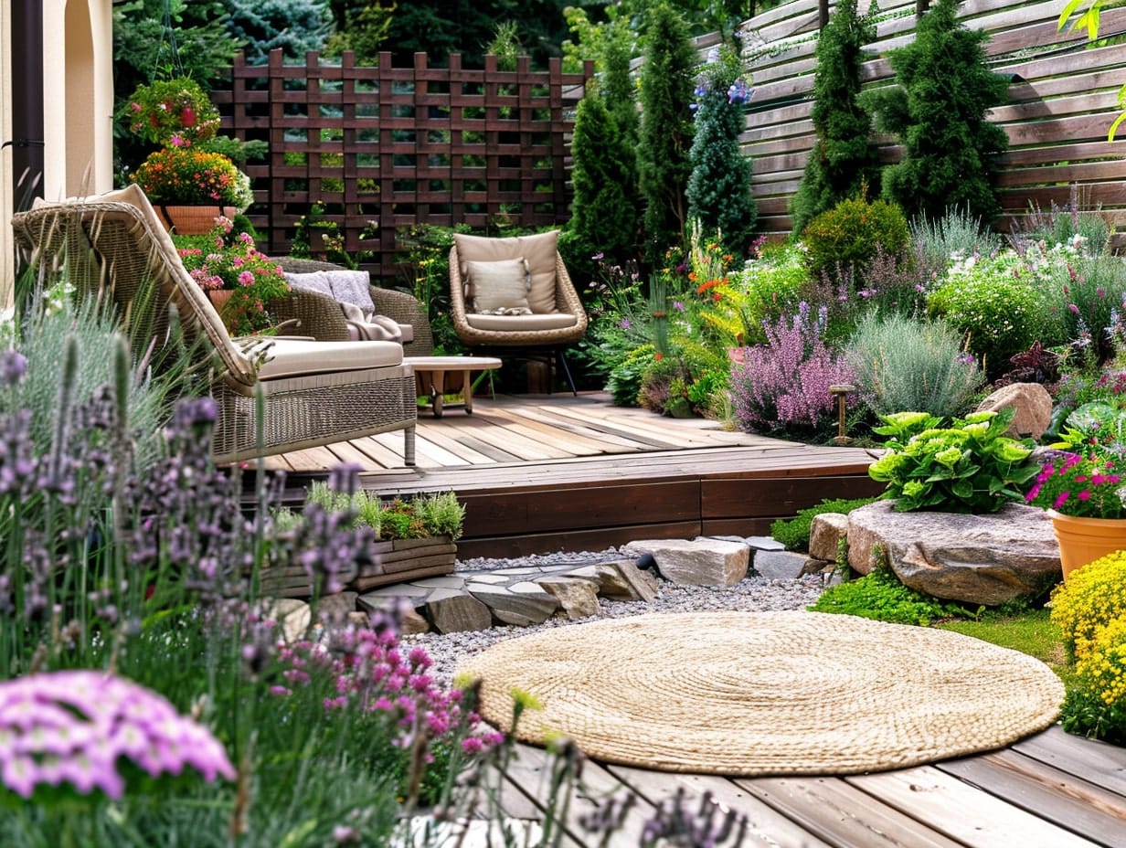 A spiritual garden setting with aromatic herbs and flowers