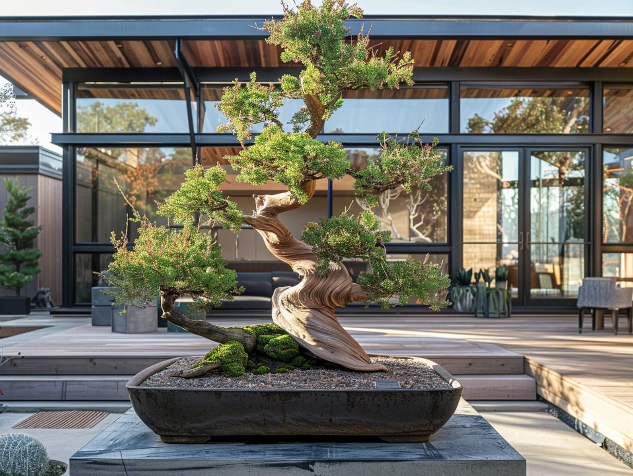 A bonsai tree used as a focal point in a garden