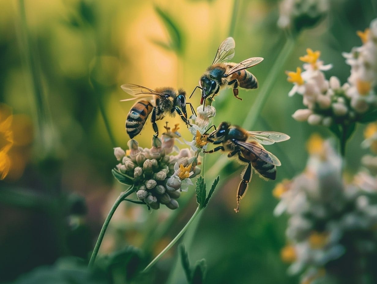 Bees sitting on flowers in the garden