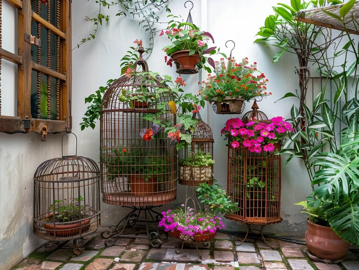 Old birdcages repurposed as unique plant holders