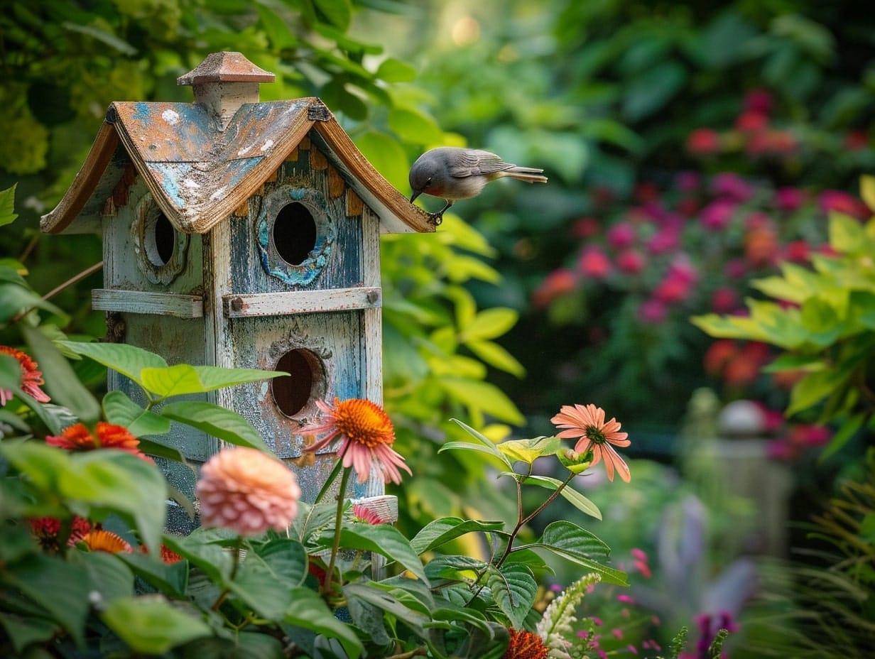 A small bird hotel in a beautiful garden