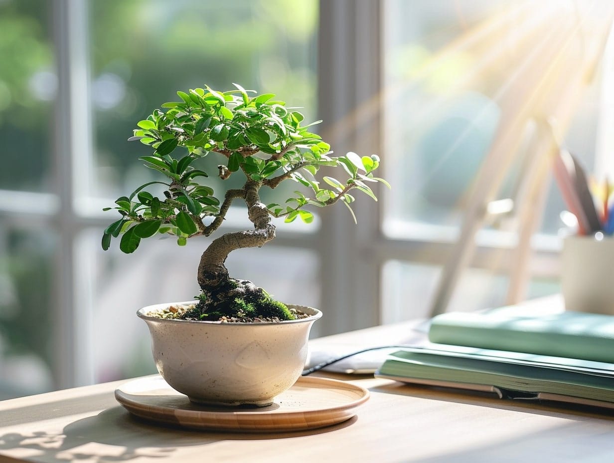 A small bonsai tree placed on a home work desk