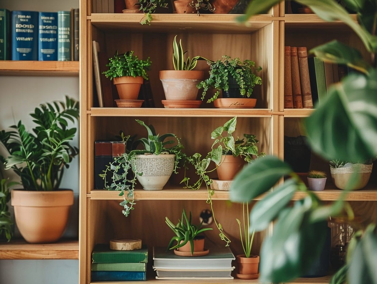 A bookshelf decorated with indoor plants