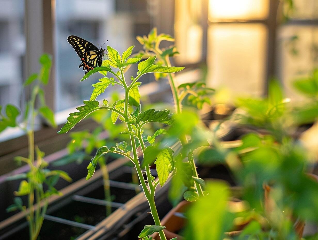 A butterfly sitting on a young tomato plant