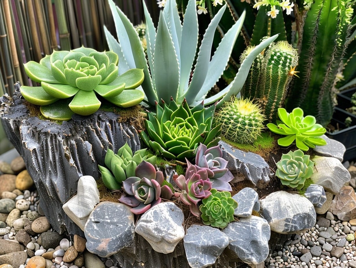 Succulents with cacti for a textured desert display