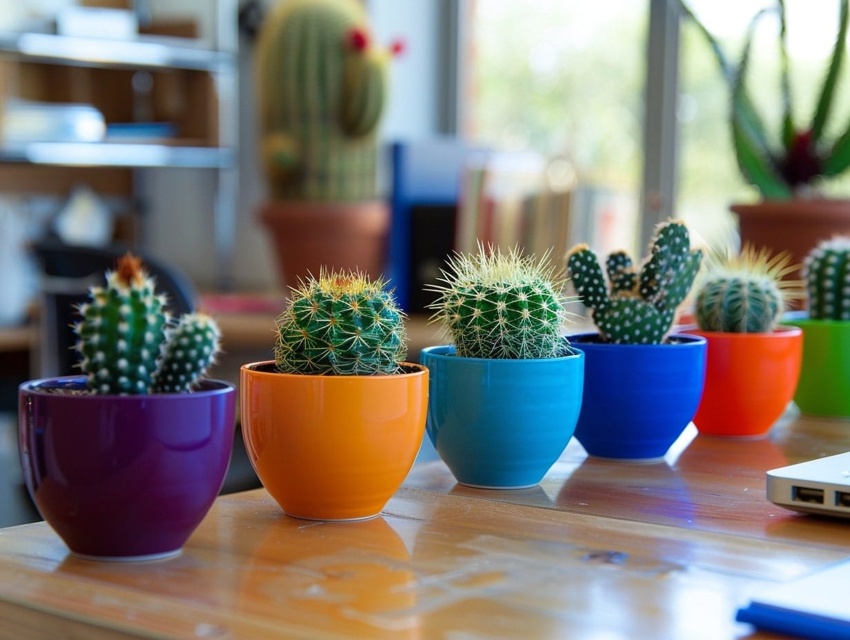 Small cacti in colorful pots placed on a wooden work desk