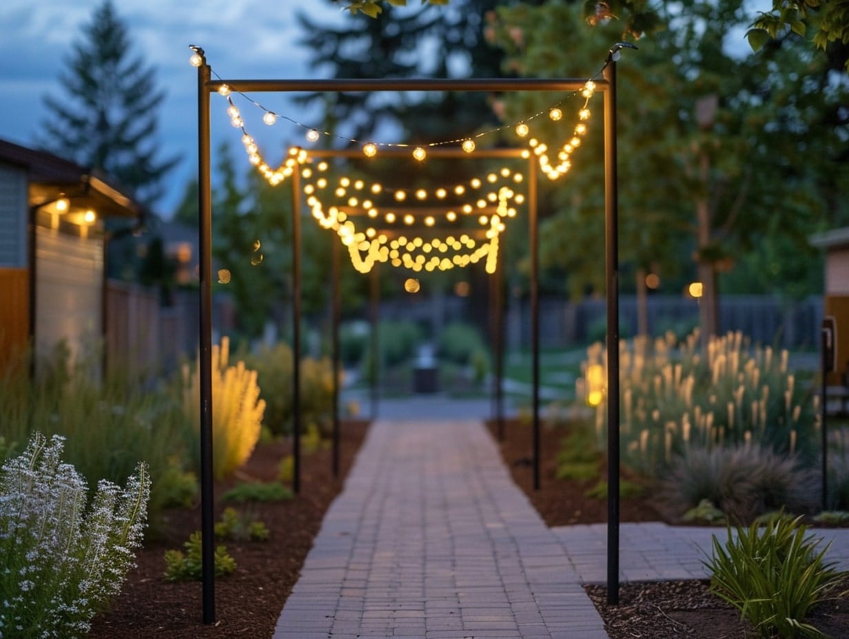 A canopy of string lights hanging from tall poles above a garden walkway 
