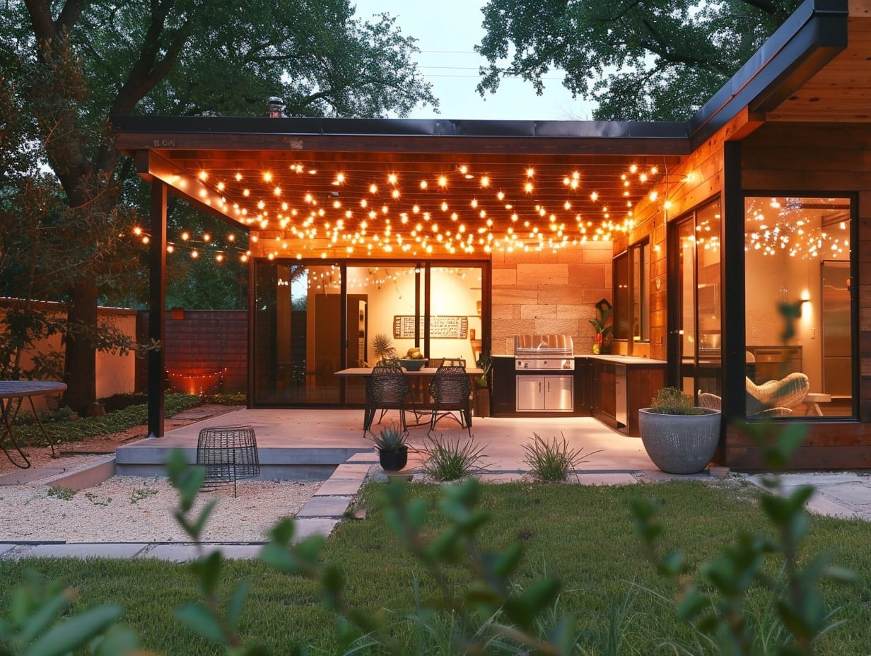 A covered patio illuminated with a canopy of string lights