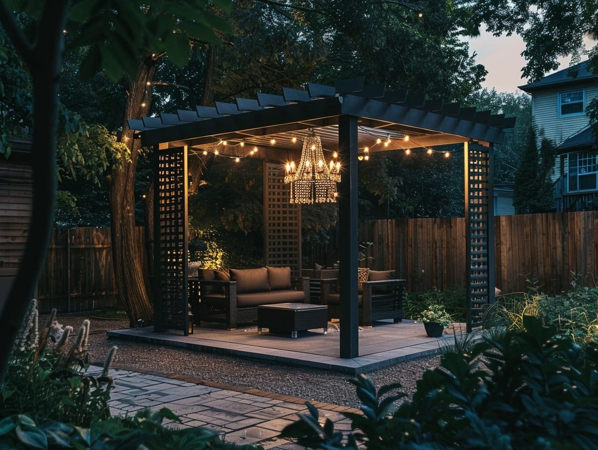 A metal pergola with a large crystal chandelier