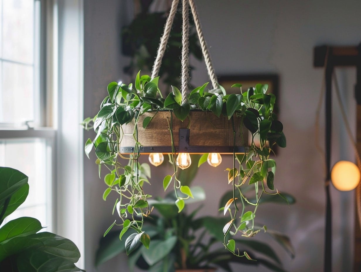 An old chandelier doubled up as a hanging planter