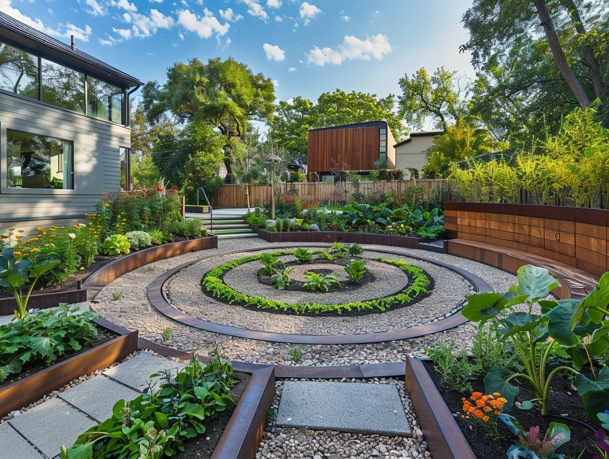 A circular vegetable garden with herbs and vegetables