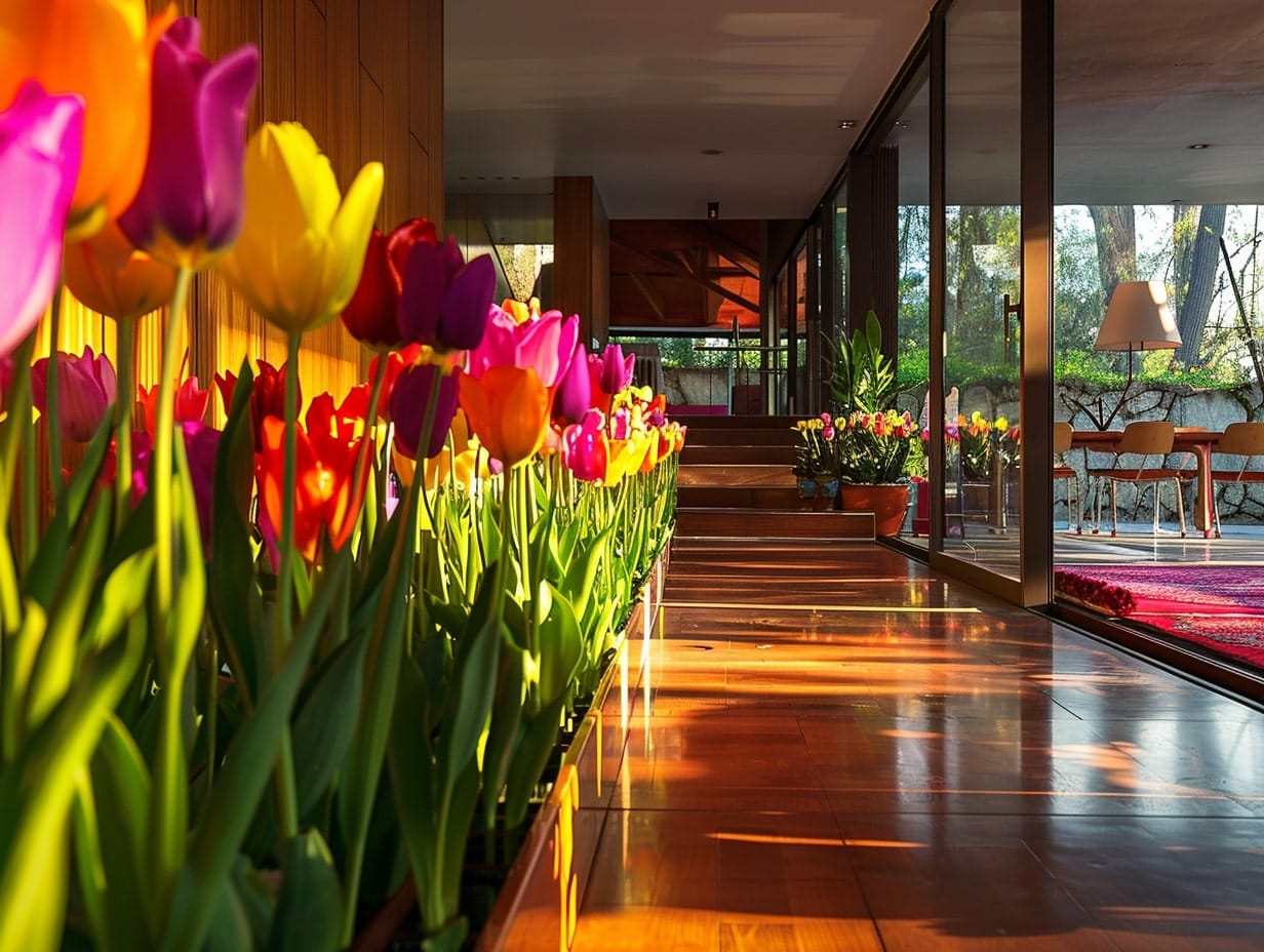 An indoor space decorated with colorful flowers