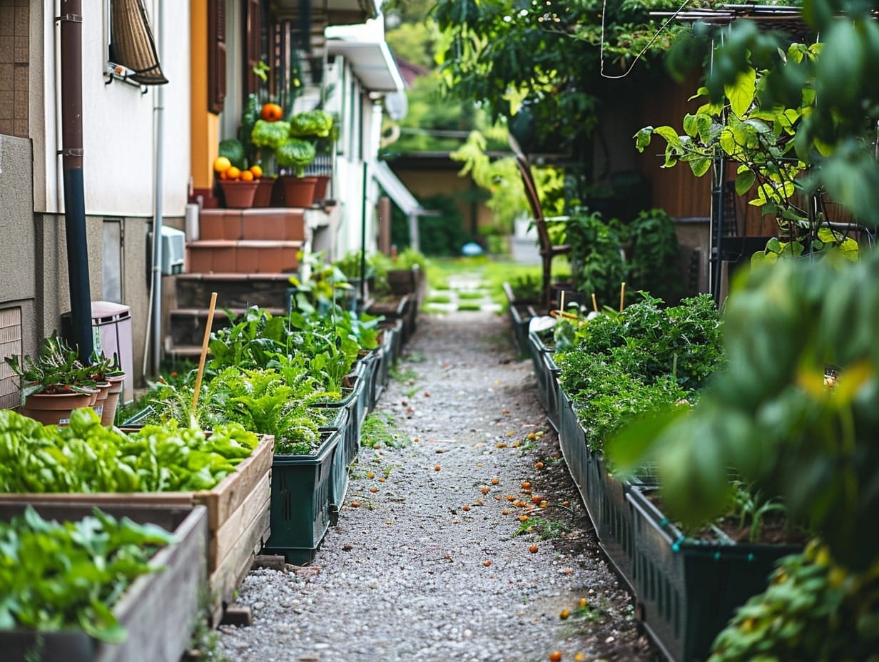 Multiple vegetable container gardens placed in a side yard