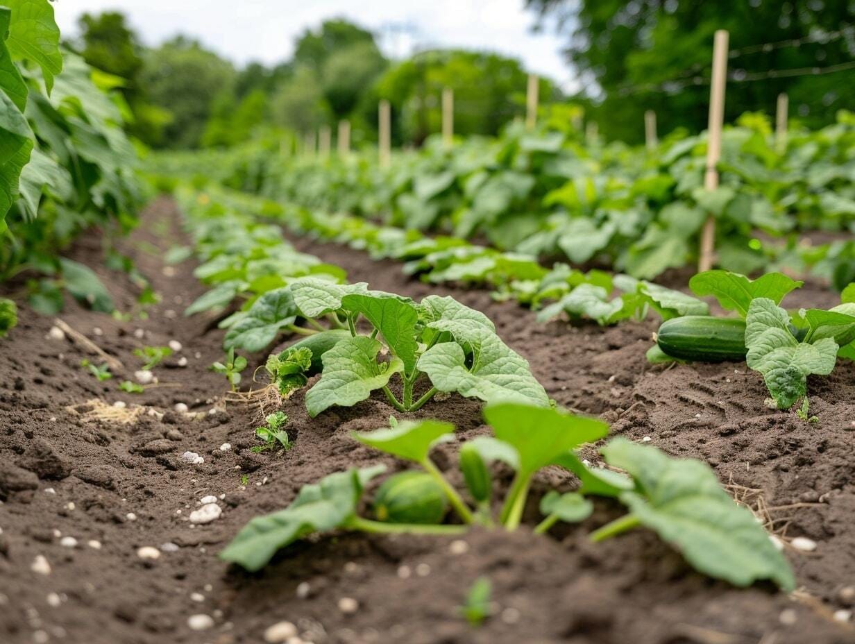 Cucumber plants in rows