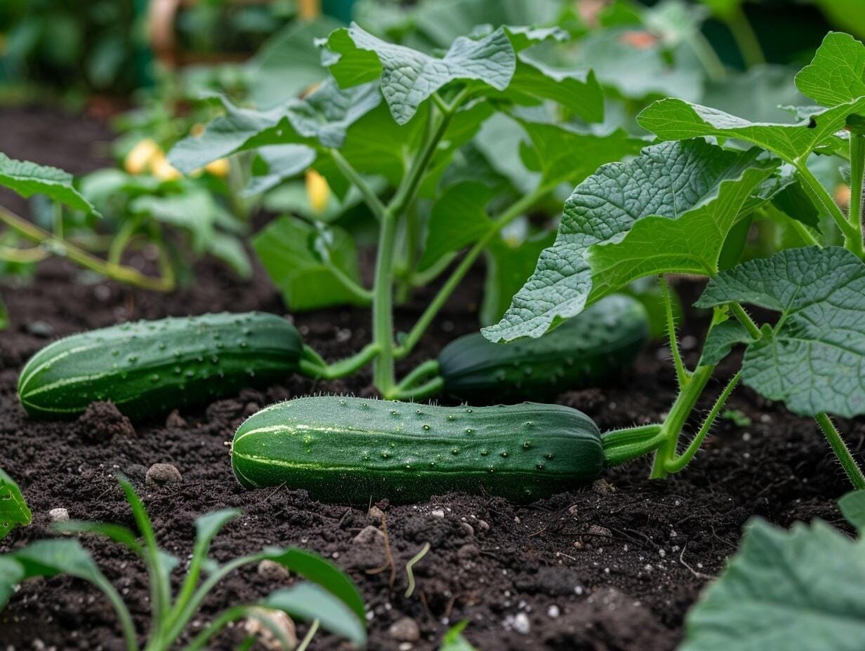 Cucumbers in healthy garden soil