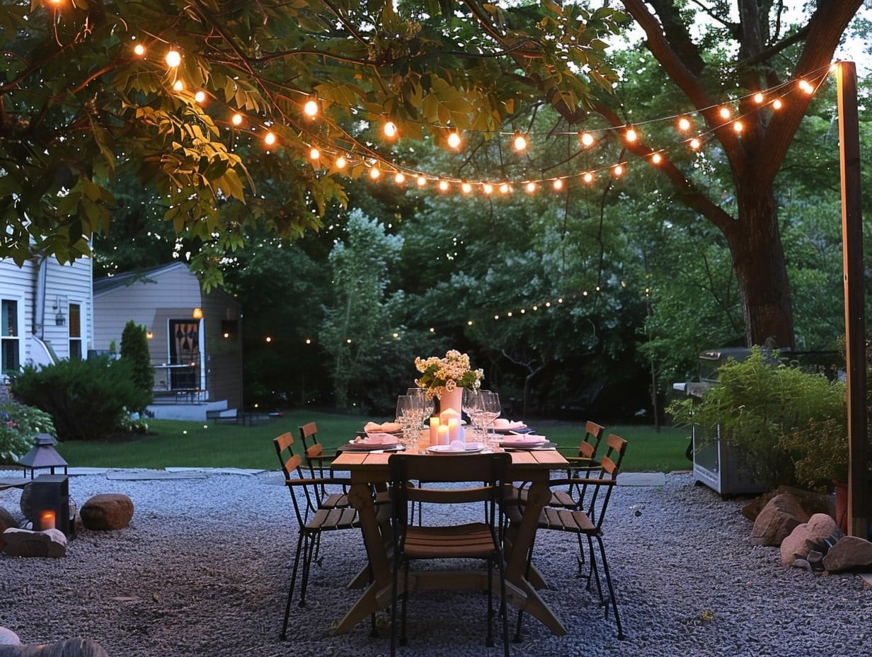 String lights hanging above an outdoor dining area