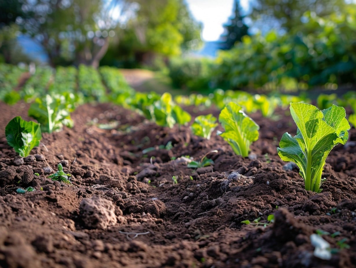 A garden with soil and cabbage plantings