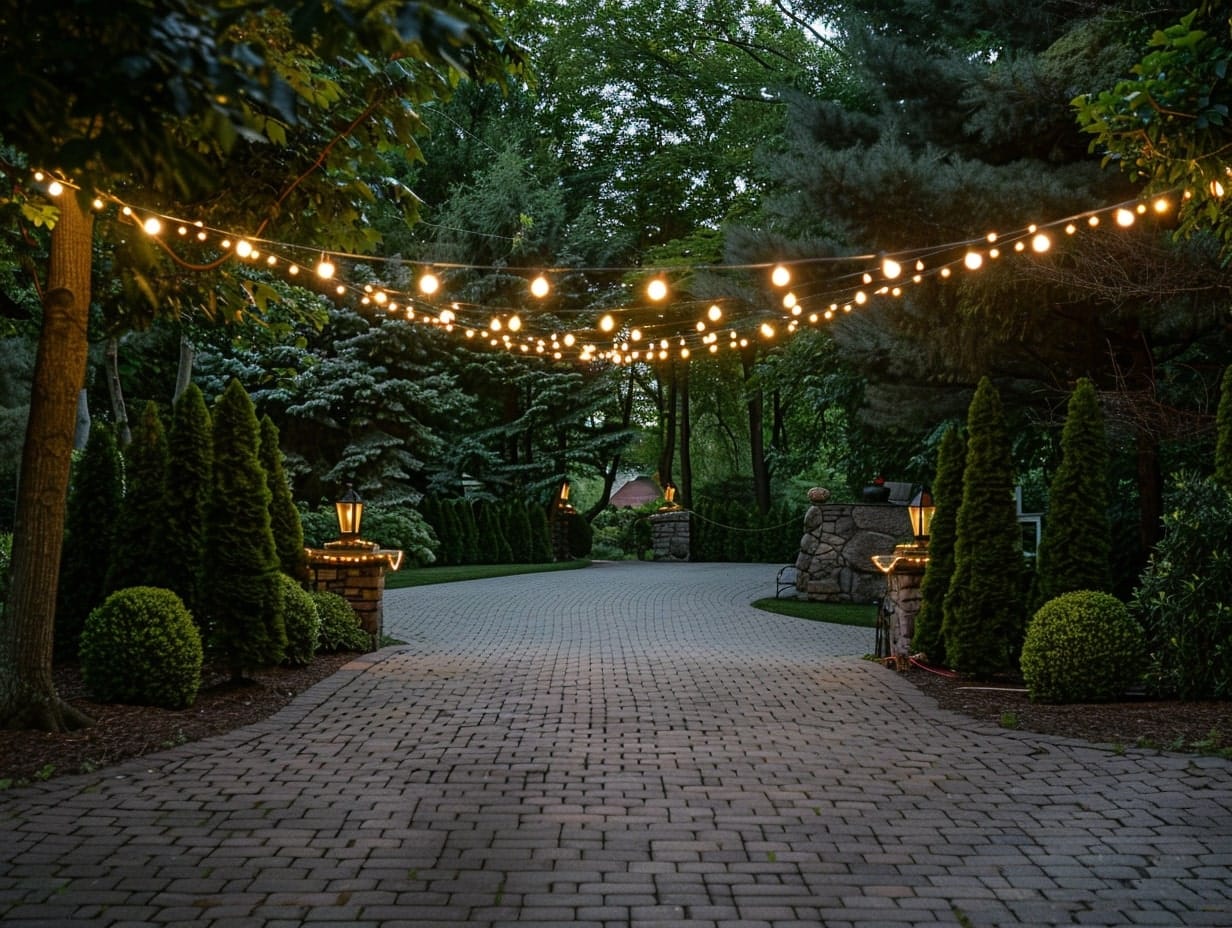 String lights hanging above a driveway entrance