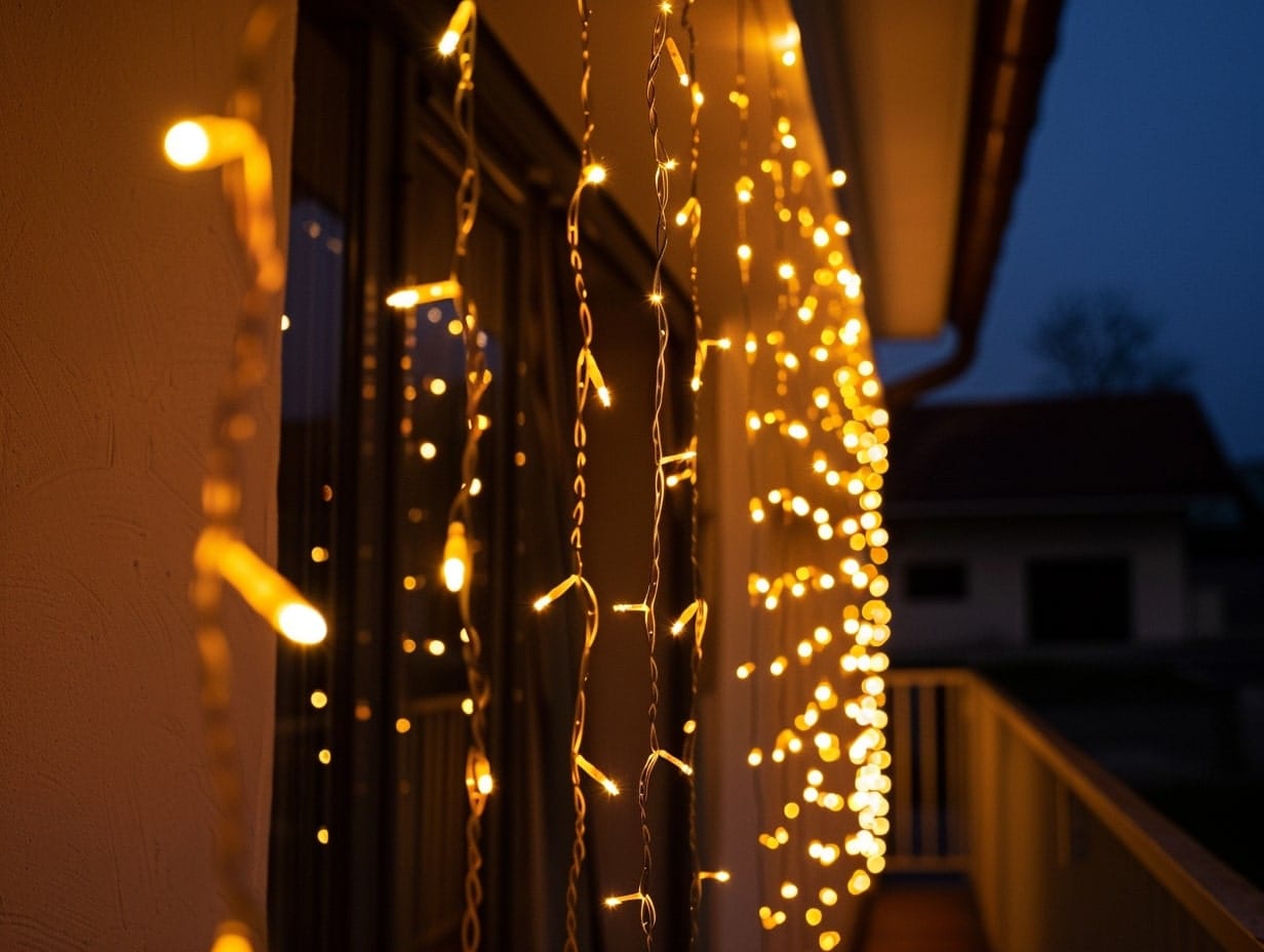String lights hanging from eaves of a house