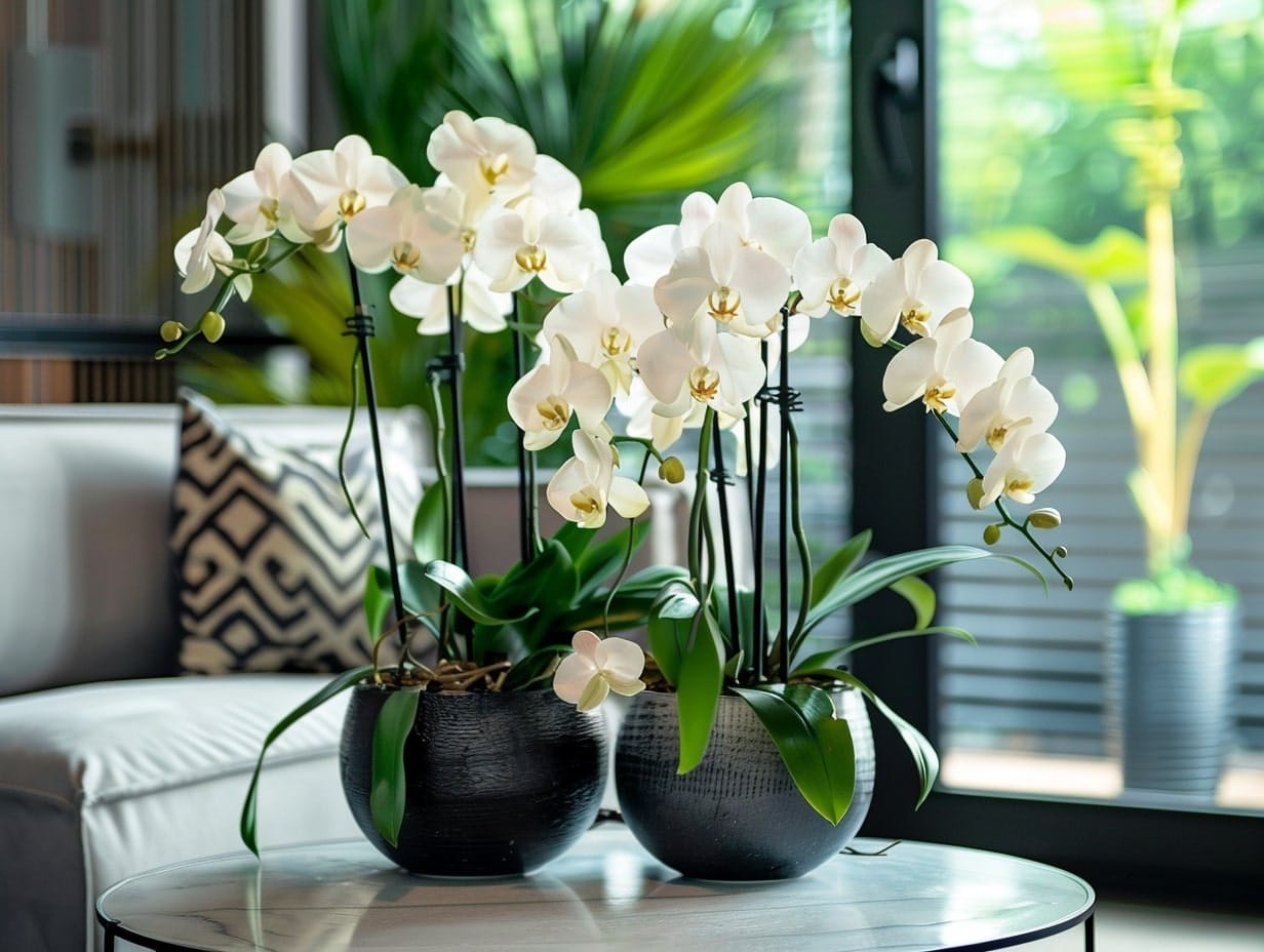 Elegant orchids placed on a side table