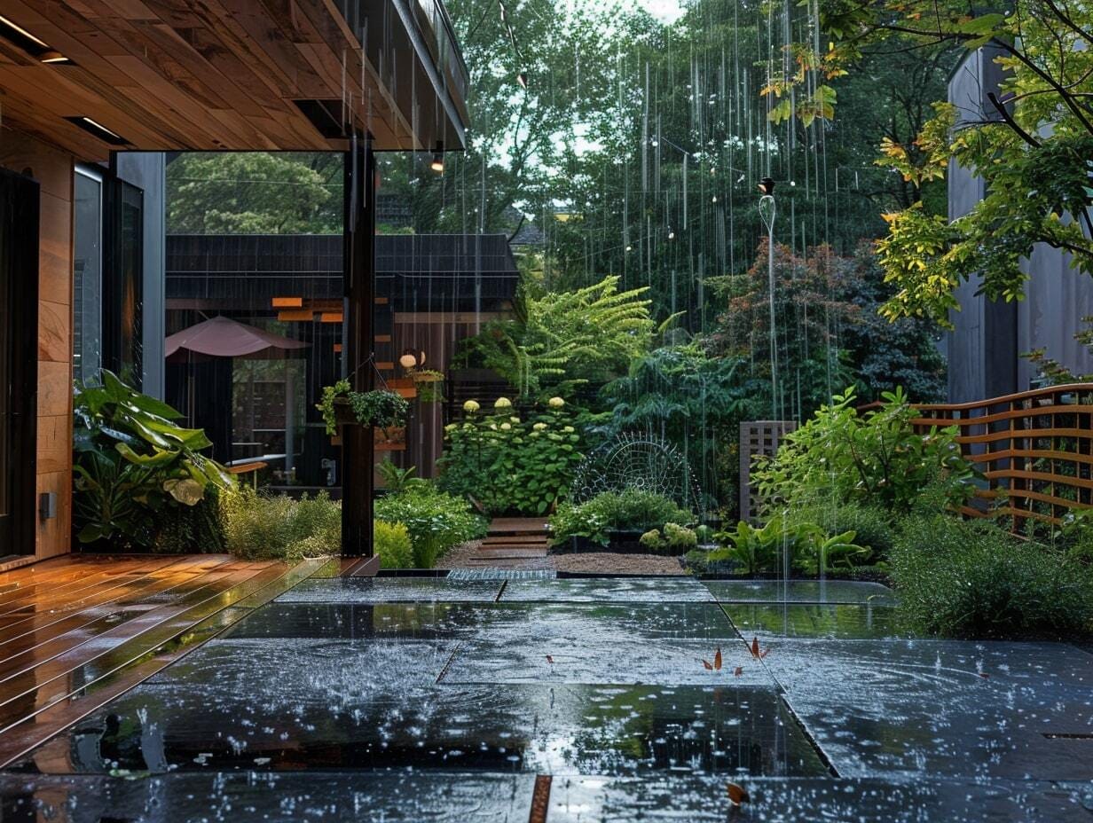 Torrential rain in a garden setup