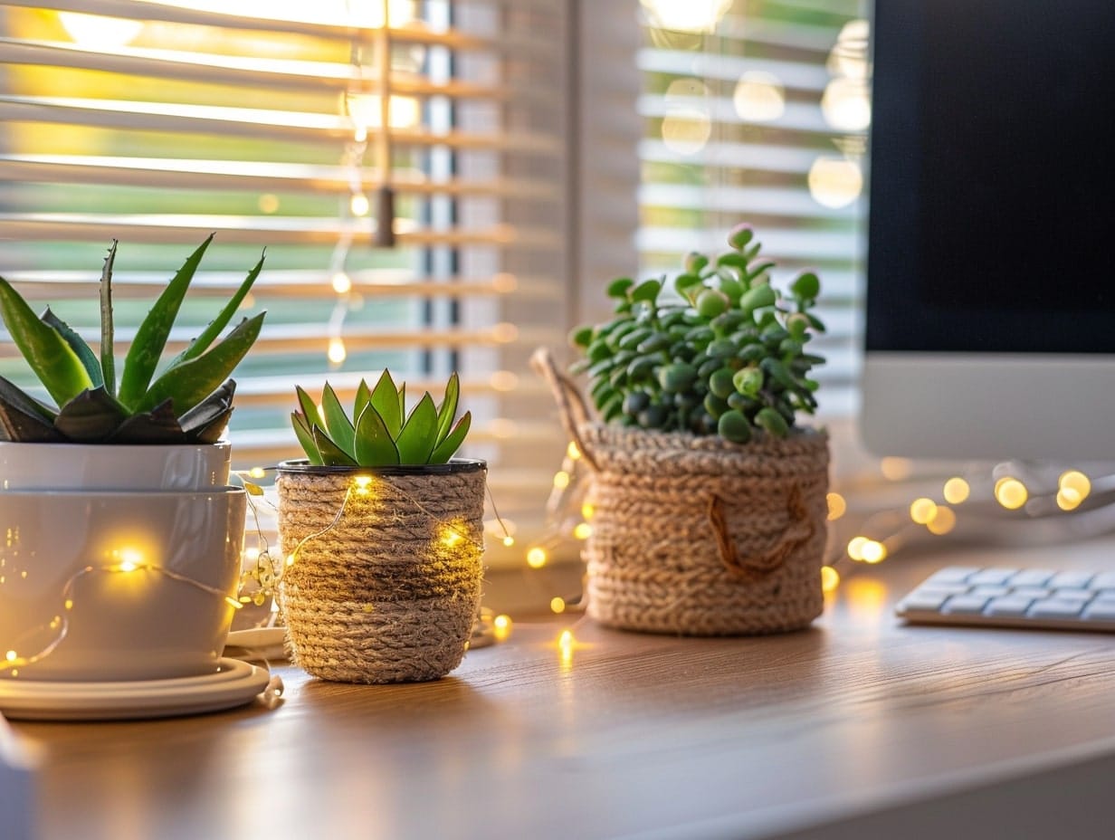 Office desk plants decorated with fairy lights