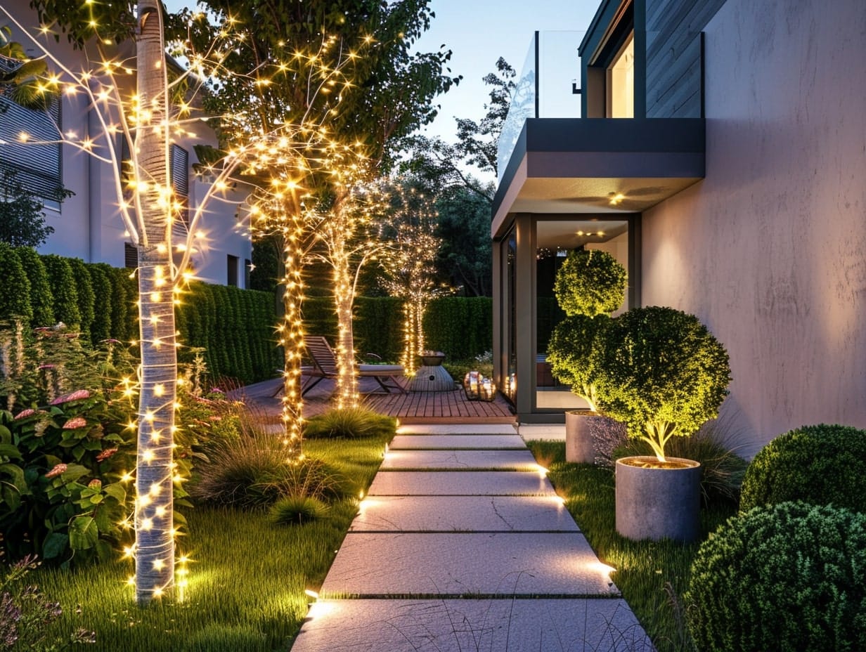 Garden trees decorated with warm white fairy lights