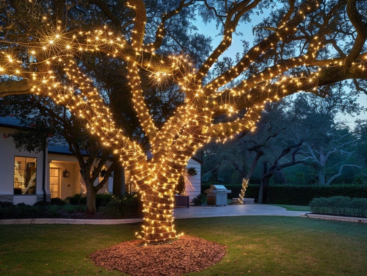 A garden tree decorated with warm white string lights