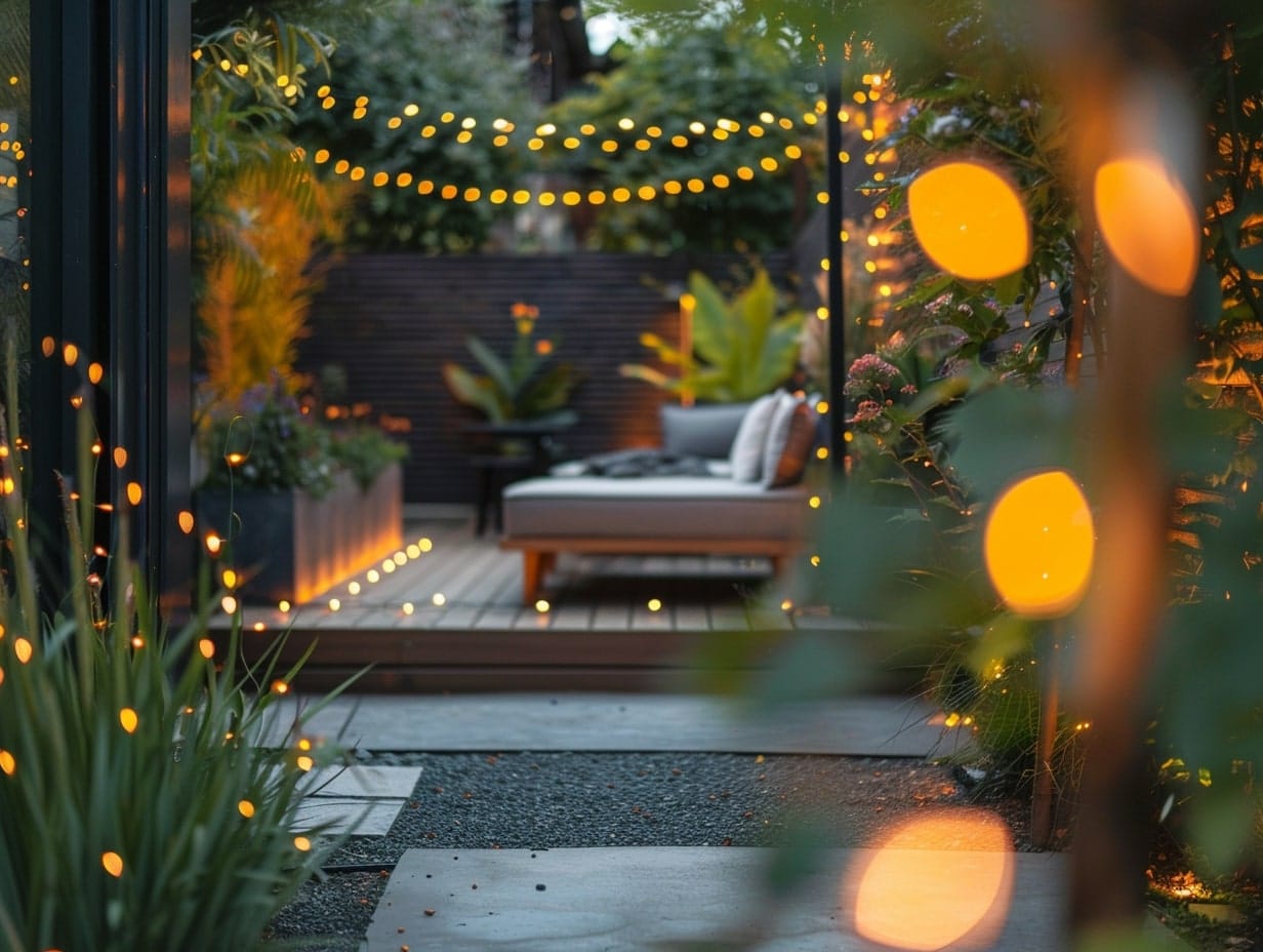 Fairy lights used to create a serene ambience in a spiritual garden setting